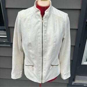 💎Tan jay cream zipper front blazer faux suede fabric. Gold swirl design